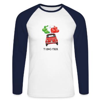 Ti amo Italia - Ich liebe dich Italien + Fiat500 - Unisex Baseballshirt langarm - Weiß/Navy - Vorne - Nik (191cm)