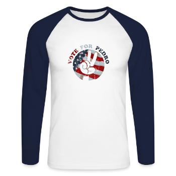 Vote for Pedro USA - Unisex Long Sleeve Baseball T-Shirt - white/navy - Front - Nik (191cm)