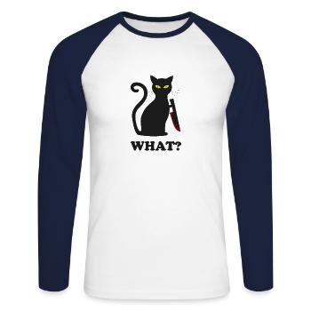 schuldige schwarze Katze mit Messer | Geschenkidee - Unisex Baseballshirt langarm - Weiß/Navy - Vorne - Nik (191cm)