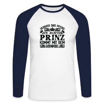 Camper - Prinz im Wohnmobil. - Unisex Baseballshirt langarm - Weiß/Navy - Vorne - Nik (191cm)