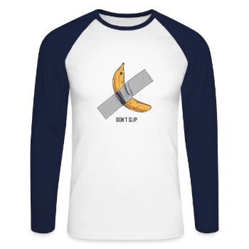 Drôle: a collé une banane collée - T-shirt baseball manches longues Homme - blanc/marine - Devant - Nik (191cm)