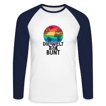 Die Welt ist Bunt LGBT Regenbogen Globus Geschenk - Unisex Baseballshirt langarm - Weiß/Navy - Vorne - Nik (191cm)