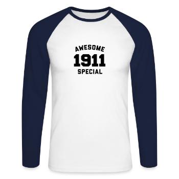 Lustiger Geburtstag Awesome Special 1911 - Unisex Baseballshirt langarm - Weiß/Navy - Vorne - Nik (191cm)