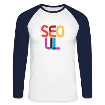 Seoul South Korea CMYK Pop Art Style - Unisex Long Sleeve Baseball T-Shirt - white/navy - Front - Nik (191cm)
