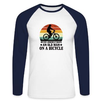 Never underestimate an old man by bike - Unisex Long Sleeve Baseball T-Shirt - white/navy - Front - Nik (191cm)