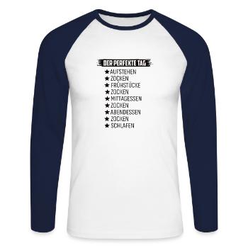 Tagesablauf eines Gamer Zocken Schlafen - Unisex Baseballshirt langarm - Weiß/Navy - Vorne - Nik (191cm)