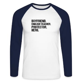 Professeur d’anglais Anglais Professeur de langue - T-shirt baseball manches longues Homme - blanc/marine - Devant - Nik (191cm)