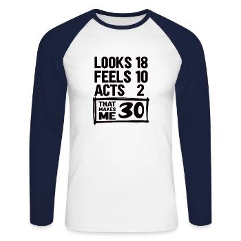 30e anniversaire - 30 ans de construction Round Thirty - T-shirt baseball manches longues Homme - blanc/marine - Devant - Nik (191cm)