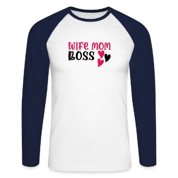 Mère Épouse Boss Fête des mères Meilleure maman Chef - T-shirt baseball manches longues Homme - blanc/marine - Devant - Nik (191cm)