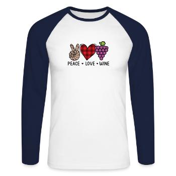 Peace, Love, Wine, Love, Wine, Wine Drinker, Vintage - Unisex Long Sleeve Baseball T-Shirt - white/navy - Front - Nik (191cm)
