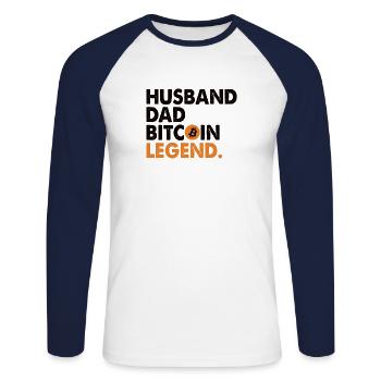Bitcoin Père | Cadeau pour un investisseur crypto - T-shirt baseball manches longues Homme - blanc/marine - Devant - Nik (191cm)