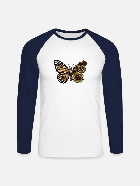 BUTTERFLY AND SUNFLOWERS - Unisex Long Sleeve Baseball T-Shirt - white/navy