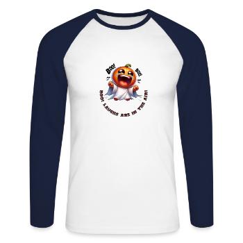 Boo! Laughs are in the air! Laughing Ghost Pumpkin - Unisex Long Sleeve Baseball T-Shirt - white/navy - Front - Nik (191cm)