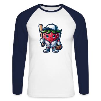 Erdbeer Baseball Spieler Illustration mit Schläger - Unisex Baseballshirt langarm - Weiß/Navy - Vorne - Nik (191cm)