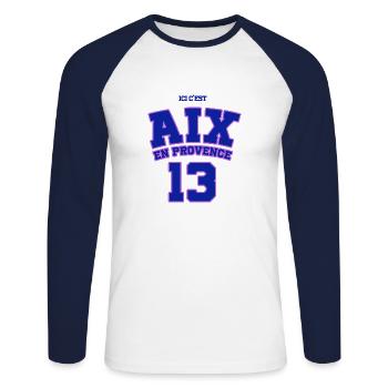 T-shirt personnalisé Aix-en-Provence ⭐⭐⭐ - T-shirt baseball manches longues Homme - blanc/marine - Devant - Nik (191cm)