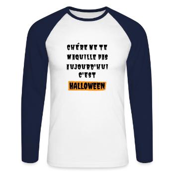 Humour - halloween - T-shirt baseball manches longues Homme - blanc/marine - Devant - Nik (191cm)