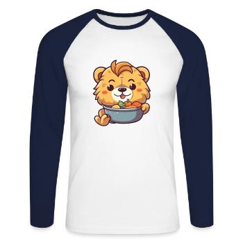 Entzückender Cartoon-Löwe genießt eine Mahlzeit 🦁 - Unisex Baseballshirt langarm - Weiß/Navy - Vorne - Nik (191cm)