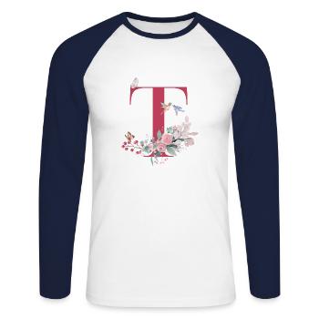 Lettre t floral -idée cadeau - T-shirt baseball manches longues Homme - blanc/marine - Devant - Nik (191cm)