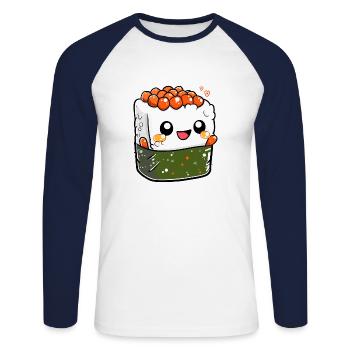 Rouleau de sushi mignon avec un visage souriant, - T-shirt baseball manches longues Homme - blanc/marine - Devant - Nik (191cm)