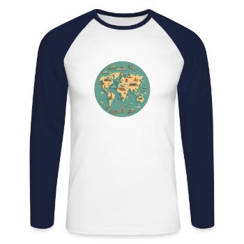 Weltkarte - Unisex Baseballshirt langarm - Weiß/Navy - Vorne - Nik (191cm)