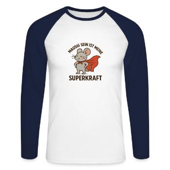 Être souriant est mon superpouvoir. - T-shirt baseball manches longues Homme - blanc/marine - Devant - Nik (191cm)