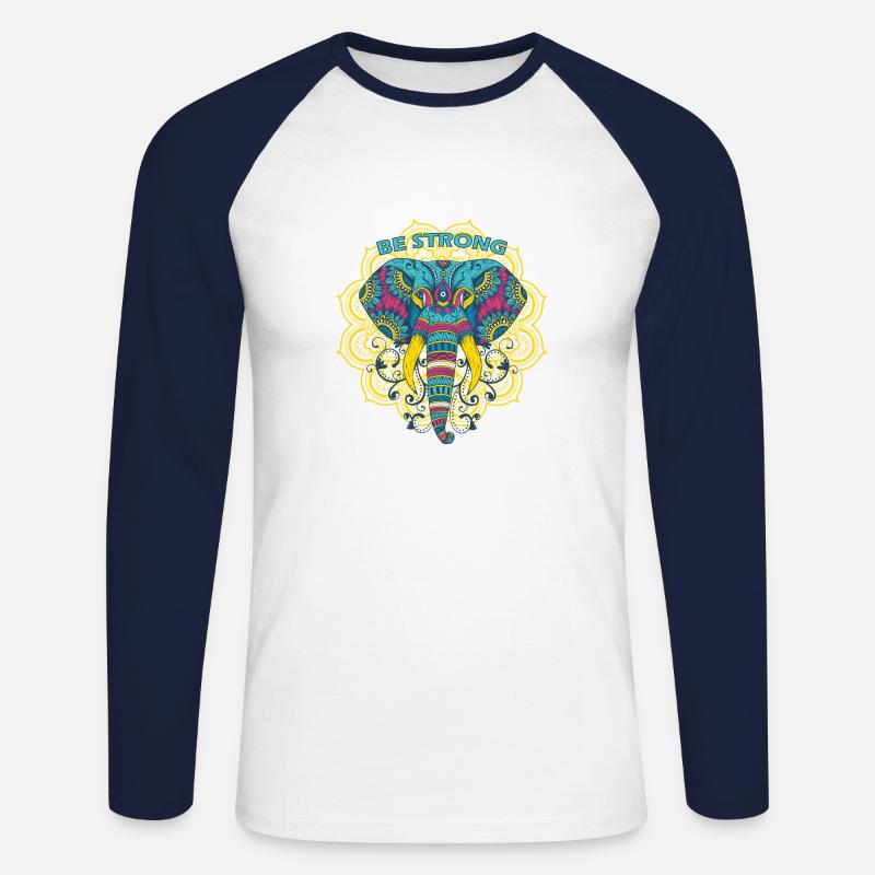 Buntes Mandala Elefant - Unisex Baseballshirt langarm - Weiß/Navy