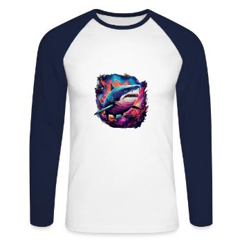 Hai im Neonlicht - Unisex Baseballshirt langarm - Weiß/Navy - Vorne - Nik (191cm)