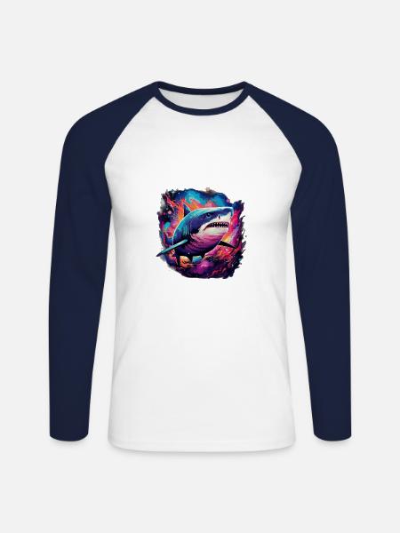 Shark in neon light - Unisex Long Sleeve Baseball T-Shirt - white/navy