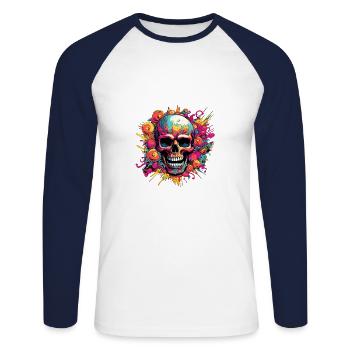 Skull Bloom Burst - Unisex Baseballshirt langarm - Weiß/Navy - Vorne - Nik (191cm)
