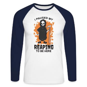 Mort d’Halloween J’ai interrompu ma récolte pour être ici - T-shirt baseball manches longues Homme - blanc/marine - Devant - Nik (191cm)