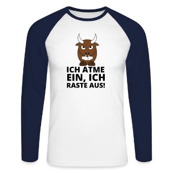 Ich atme ein, ich raste aus! Stier Lustig Sprüche - Unisex Baseballshirt langarm - Weiß/Navy - Vorne - Nik (191cm)