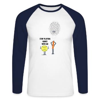 Funny tennis picture cartoon bat ball saying - Unisex Long Sleeve Baseball T-Shirt - white/navy - Front - Nik (191cm)