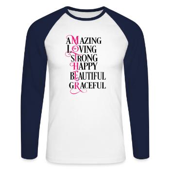 Mother, amazing, loving, strong, happy, beautiful - T-shirt baseball manches longues Homme - blanc/marine - Devant - Nik (191cm)
