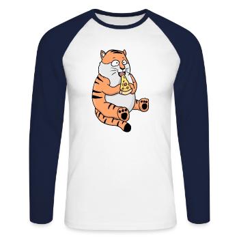 Fat Tiger Eating Pizza Funny Comic Style - Unisex Long Sleeve Baseball T-Shirt - white/navy - Front - Nik (191cm)