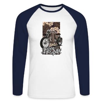 S51 (braun) // Illustration - Unisex Baseballshirt langarm - Weiß/Navy - Vorne - Nik (191cm)