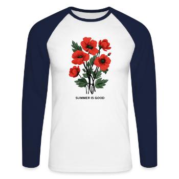 Bouquet de coquelicots rouges – L’ÉTÉ EST BON. - T-shirt baseball manches longues Homme - blanc/marine - Devant - Nik (191cm)