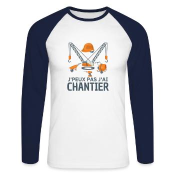 Je peux pas j'ai chantier construction - T-shirt baseball manches longues Homme - blanc/marine - Devant - Nik (191cm)