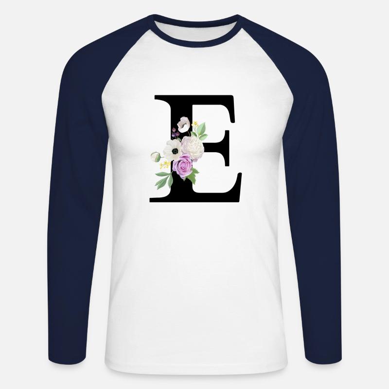 Lila Blumenbuchstabe E - Unisex Baseballshirt langarm - Weiß/Navy
