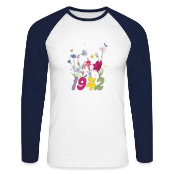 Année de naissance 1942 fleurs sauvages - T-shirt baseball manches longues Homme - blanc/marine - Devant - Nik (191cm)