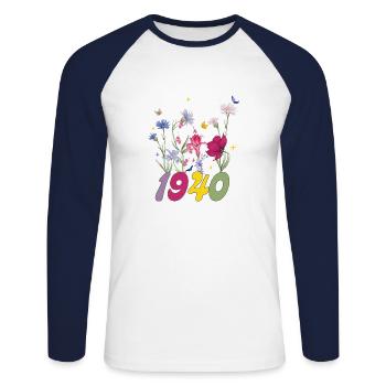 Année de naissance 1940 fleurs sauvages - T-shirt baseball manches longues Homme - blanc/marine - Devant - Nik (191cm)