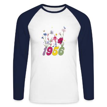 Geburtsjahr 1956 Wildblumen - Unisex Baseballshirt langarm - Weiß/Navy - Vorne - Nik (191cm)