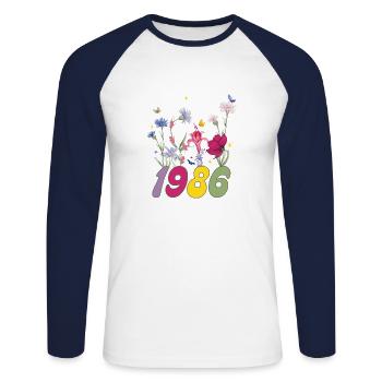 Année de naissance 1986 fleurs sauvages - T-shirt baseball manches longues Homme - blanc/marine - Devant - Nik (191cm)