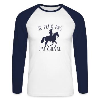 Equitation J'Peux Pas J'ai Cheval - T-shirt baseball manches longues Homme - blanc/marine - Devant - Nik (191cm)