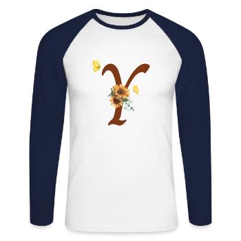 Buchstabe und Sonnenblume Schmetterling - Unisex Baseballshirt langarm - Weiß/Navy - Vorne - Nik (191cm)