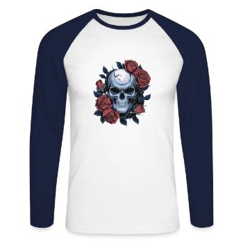 Crâne avec des fleurs de roses - T-shirt baseball manches longues Homme - blanc/marine - Devant - Nik (191cm)