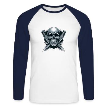 Twin Blades: Schädel zwischen Dolchen - Unisex Baseballshirt langarm - Weiß/Navy - Vorne - Nik (191cm)