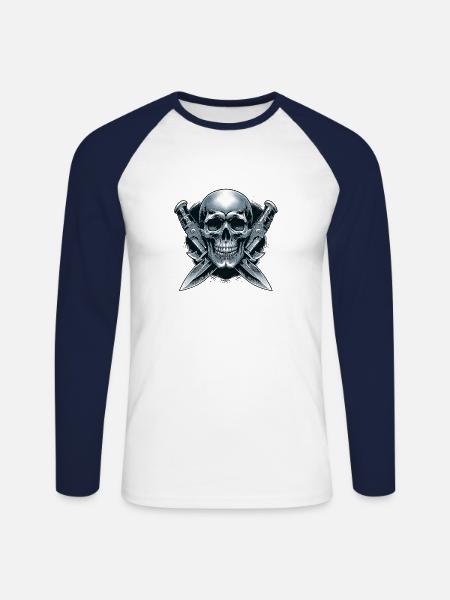 Twin Blades: Skull Between Daggers - Unisex Long Sleeve Baseball T-Shirt - white/navy