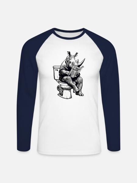 Næsehorn på toilet - Langærmet herre-baseballshirt - hvid/marineblå