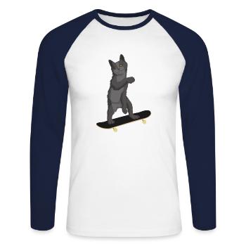 Katze auf einem Skateboard | Katzen | Skater, sk8 - Unisex Baseballshirt langarm - Weiß/Navy - Vorne - Nik (191cm)