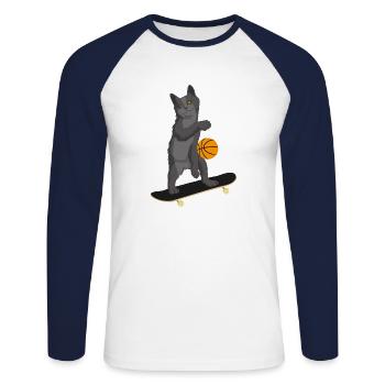 Cat Skateboard Basketball Skating Cat & Ball - Unisex Long Sleeve Baseball T-Shirt - white/navy - Front - Nik (191cm)